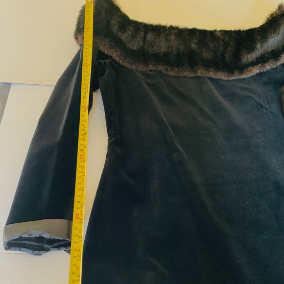 Black coton velvet mini prom party Dress fur boat neck fur hemline big satin bow - Picture 16 of 16